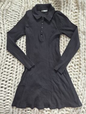 Zara Black Ribbed Polo Button-Up Top